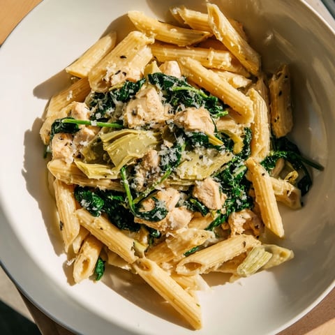 Creamy Spinach Artichoke Protein Pasta Skillet, bubbly with cheese, awaiting a delicious bite.