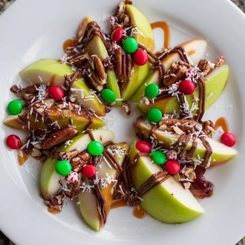 Festive Caramel Apple Slice Christmas Wreath arranged on a platter, drizzled with rich caramel and chocolate.
