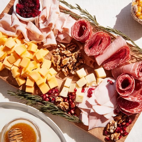 Winter Forest Meat and Cheese Charcuterie Scene with rosemary sprigs and vibrant pomegranate seeds.