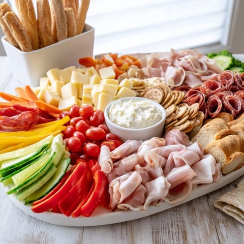 A beautifully arranged budget-friendly family spread bursting with colorful sliced meats, cheeses, and fresh vegetables to share.