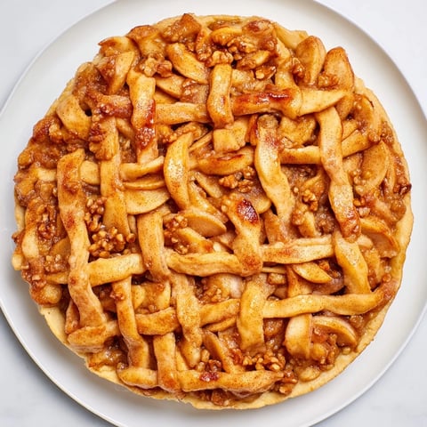 The Lattice Orchard, a beautiful dessert, shows woven apple slices over a sweet walnut filling.