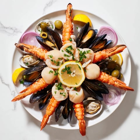 A visually appealing Starfish & Shell Appetizer Board, brimming with chilled seafood and dipping sauces for guests.