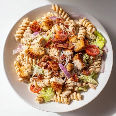 A delicious photo showcasing Chicken Caesar Pasta Salad, featuring tossed pasta with chicken and creamy dressing.