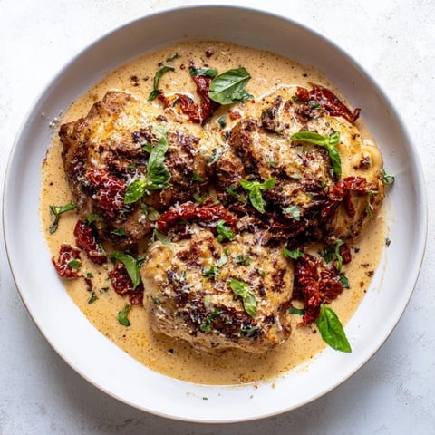 Creamy Sun-Dried Tomato Chicken Skillet, showcasing seared chicken breasts with rich, flavorful sauce and fresh basil.