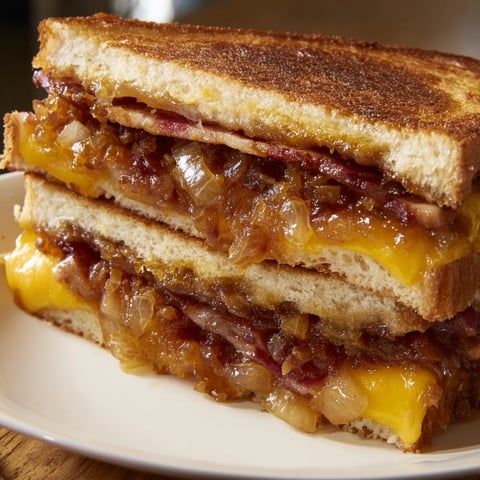 Golden, gooey Bacon Jam Grilled Cheese melting with sharp cheddar and Gruyère on toasted bread.