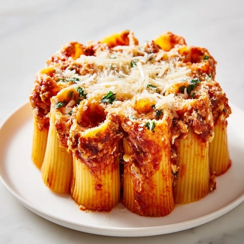 Golden, bubbly Honeycomb Pasta Bake ready to be sliced, filled with cheesy deliciousness and marinara.