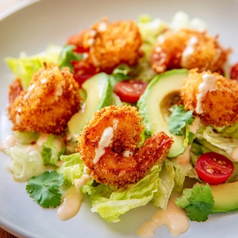 Golden, crispy Spicy Crispy Shrimp Salad: Imagine the fried shrimp next to fresh salad components.