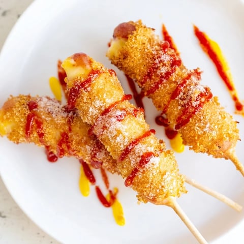Golden-brown Cheesy Korean Corn Dogs, with a sweet-savory crunch perfect for snacking.