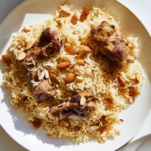 Golden, fluffy Saudi Kabsa rice with tender meat and toasted almonds, a festive feast.