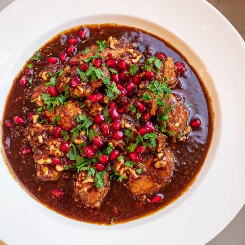 Rich, glistening Iranian Fesenjan stew, the Persian specialty, simmered with chicken and walnut sauce.