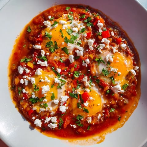 A close-up shot of Israeli Shakshuka Eggs, with perfectly poached yolks in a vibrant tomato sauce.