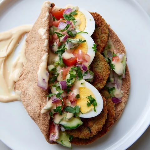 Israeli Sabich overflowing from warm pita, featuring crispy eggplant, hard-boiled eggs, and creamy tahini.