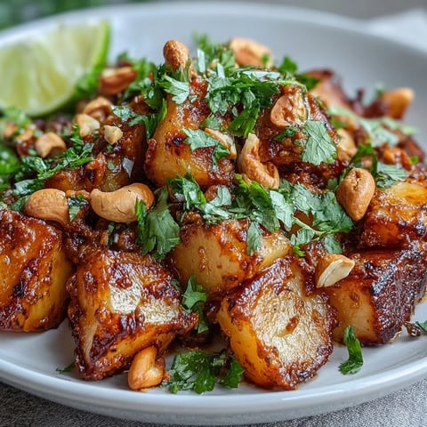 Golden roasted celeriac chunks simmer in a creamy coconut curry sauce, garnished with cilantro and lime wedges for a vegetarian main dish.