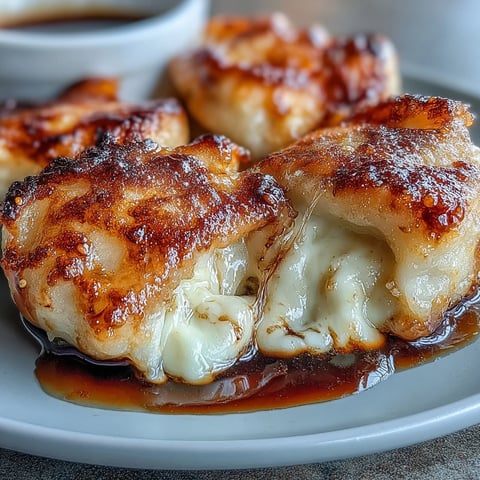 Golden-brown pan-fried Chīzu Imomochi dumplings, brushed with a glossy soy-honey glaze, served warm and ready to eat.