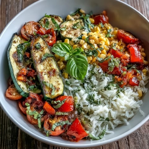 Bright summer vegetable bowl with sautéed zucchini, bell peppers, tomatoes, and sweet corn over fluffy rice, topped with fresh basil.