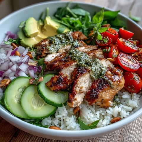Freshly cooked Pesto Chicken Bowl featuring tender chicken, fluffy rice, and vibrant avocado slices, garnished with basil.
