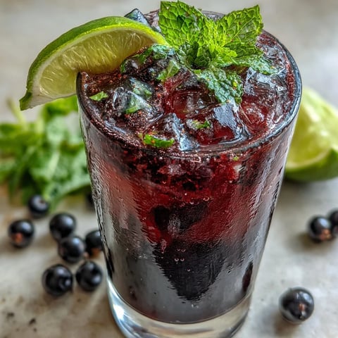 Crushed ice fills a glass filled with a vibrant Black Currant Mojito, garnished with fresh mint and a lime wedge. 