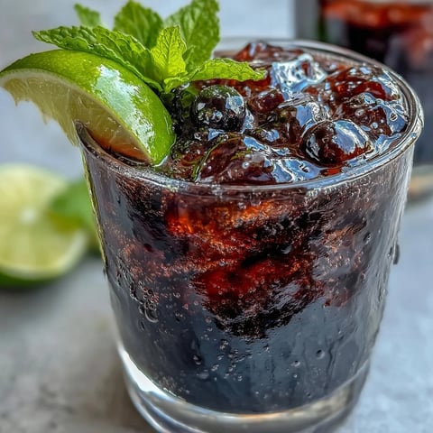 A tall glass of Black Currant Mojito filled with crushed ice, muddled mint leaves, a lime wheel, and a vibrant purple hue from the jam.