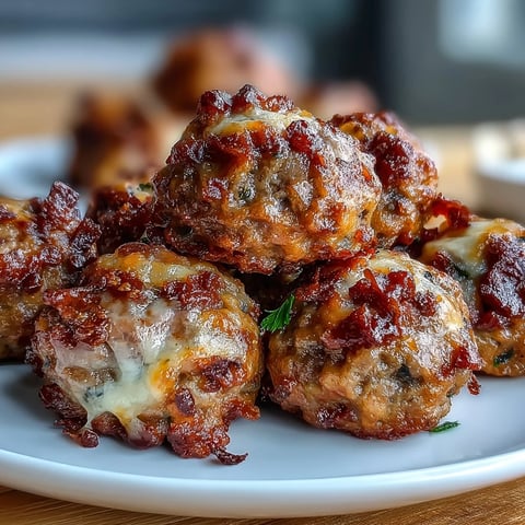 Freshly baked Rotel Sausage Balls on a platter, featuring golden brown edges and melted cheddar cheese with specks of green chilies.