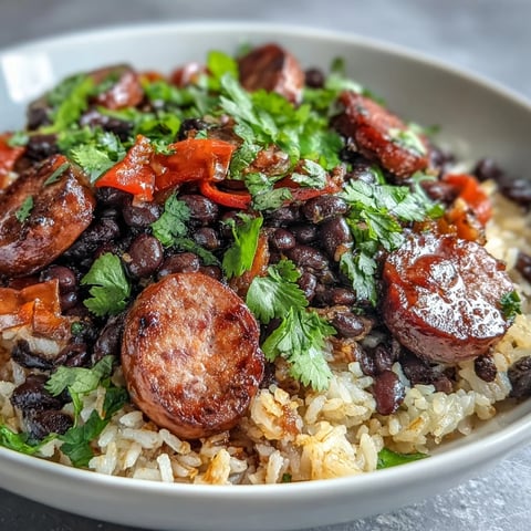 A close-up of a Black Beans, Sausage, and Rice Skillet garnished with fresh cilantro and lime wedges.