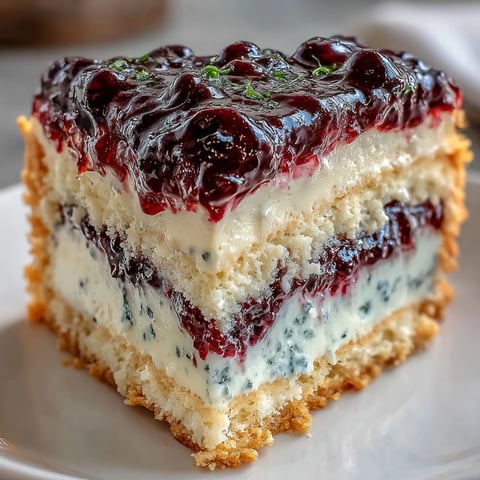 Freshly sliced Lemon Blueberry Shortbread Mousse Cake reveals layers of golden crust, creamy lemon mousse, and a rich blueberry topping.