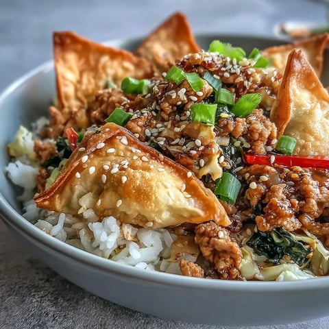 Crispy Baked Egg Roll Chicken Bowls served over fluffy rice, topped with golden baked wonton strips for extra crunch.