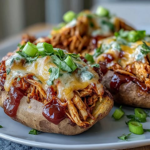 Golden roasted sweet potatoes split open to reveal a savory honey BBQ chicken filling, topped with melted cheddar and green onions.