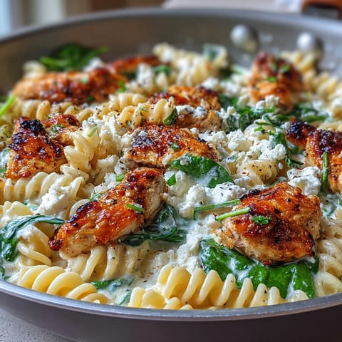 Creamy Greek Chicken Feta Pasta Skillet with golden lemon chicken, wilted spinach, and crumbled feta cheese served steaming hot.