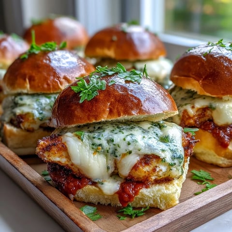 Golden baked chicken pieces layered on mini brioche buns with melted mozzarella and vibrant green pesto.