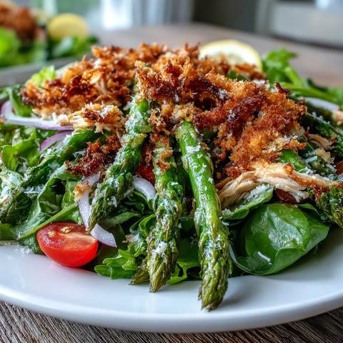 Golden, crispy Parmesan asparagus spears rest atop a bed of fresh salad greens with juicy shredded chicken, all lightly drizzled with a vibrant lemon dressing.