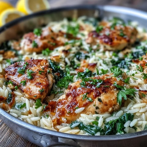 Freshly grated Parmesan is sprinkled over steaming One-Pot Lemon Garlic Chicken and Orzo with Spinach, served from a rustic Dutch oven. 