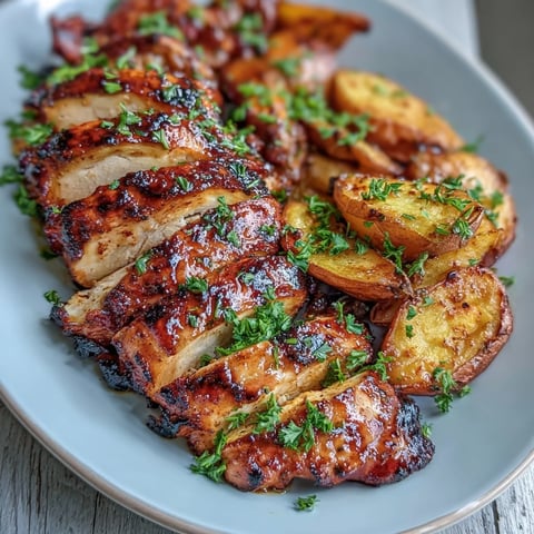 Honey Mustard Grilled Chicken with Roasted Sweet Potato Wedges glazed with golden honey mustard, served alongside crispy roasted sweet potato wedges.