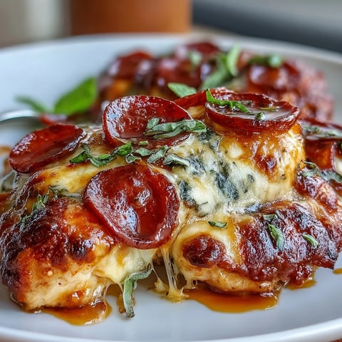 Freshly baked Keto Pepperoni Pizza Chicken Bake with golden, bubbly mozzarella and crispy pepperoni topping.
