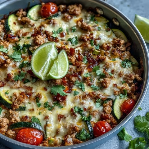 A colorful one-pot turkey taco zucchini skillet with juicy ground turkey, fresh zucchini, and melted cheddar cheese in a vibrant Tex-Mex style.  