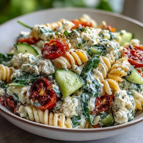 High protein cottage cheese pasta salad with fresh vegetables, creamy cottage cheese, and zesty Italian dressing, perfect for a light summer meal.  