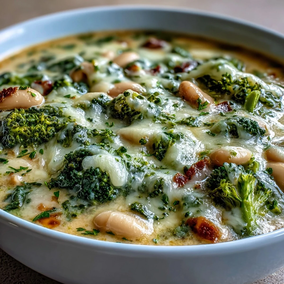 Creamy broccoli and cheddar bean soup in a white bowl, garnished with shredded cheese and fresh broccoli florets.