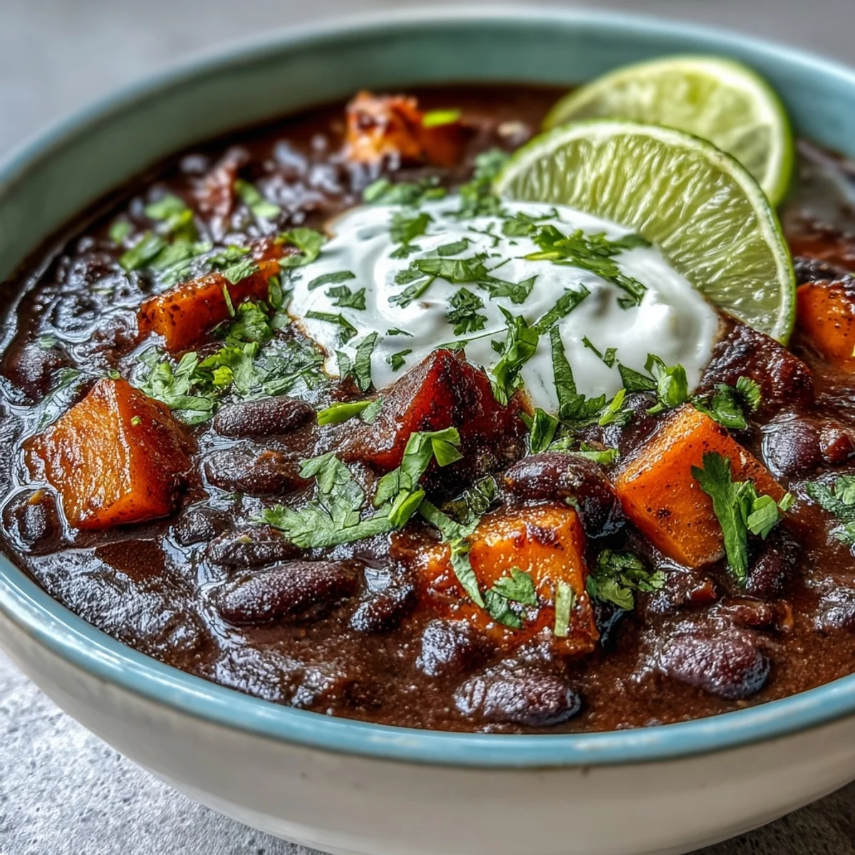 A steaming bowl of smoky black bean and sweet potato soup, garnished with a swirl of zesty lime crema and fresh cilantro.  