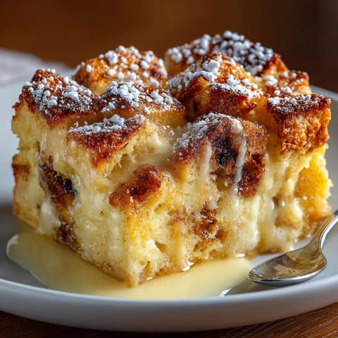 Close-up of warm Italian Panettone Bread Pudding, vanilla sauce drizzled artfully over top.