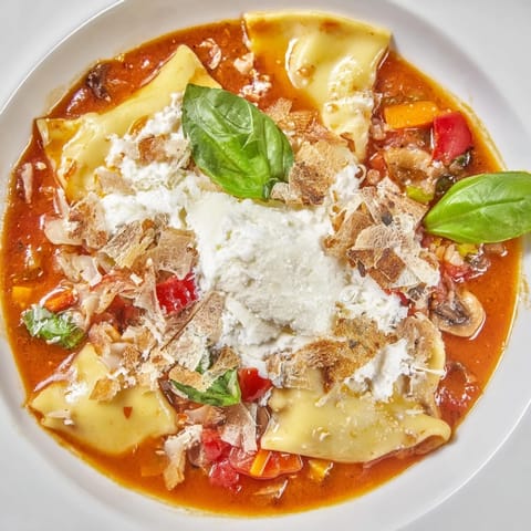 Deliciously creamy Lasagne Soup with savory mushroom crisps enhancing every spoonful.  