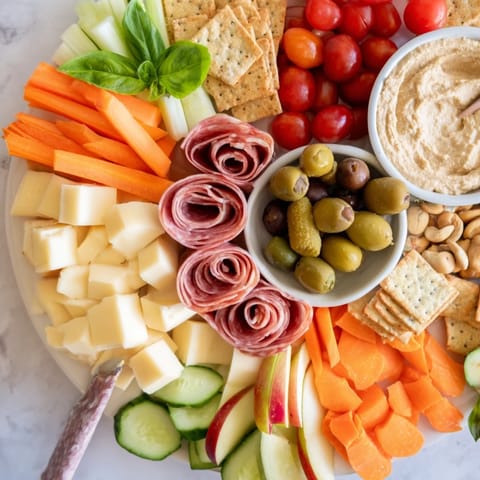 Close-up of a Girl Dinner Platter showcasing vibrant snacks, cheeses, and fresh veggies.  