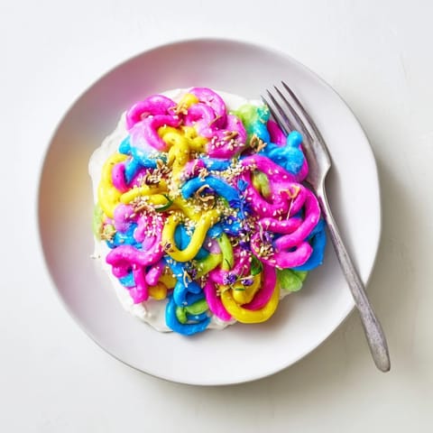 Whimsical Neon Noodle Cloud dish showcasing colorful noodles and delicate edible flowers.  