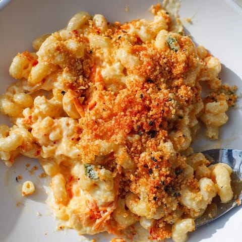 Baked Spicy Kimchi Mac & Cheese, a fusion comfort dish bursting with flavor.  