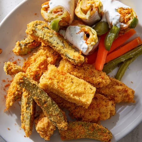 A tangy display of crispy fried pickles and assorted pickled delights for enthusiasts.  