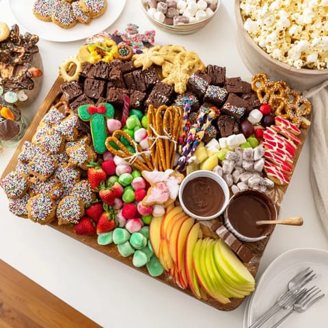 Elegant display of dessert boards with cookies, fruits, and chocolate dips for sharing.  