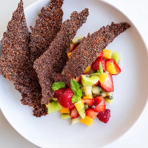 Delicious chocolate chips & salsa, featuring vibrant fresh fruit and crispy goodness.  