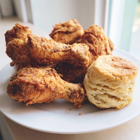 Crispy skin on Southern Fried Chicken with fluffy biscuits, perfect for a family-style Southern dinner.