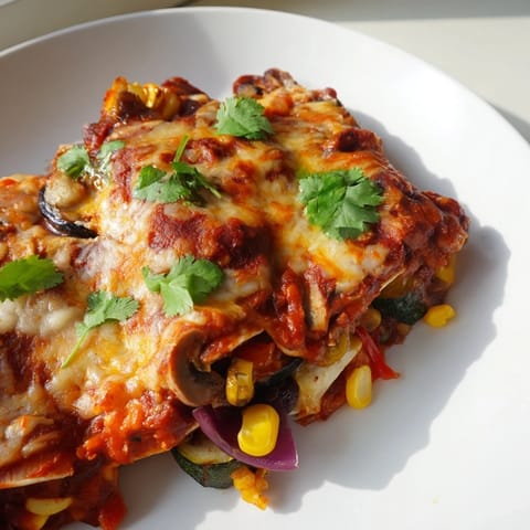 A close-up of Farmers Market Vegetarian Enchiladas, filled with colorful vegetables, perfect for dinner.