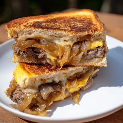 Close-up of a warm Patty Melt Skillet, showing caramelized onions and crispy rye bread.