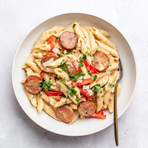 Delicious Smoked Sausage Cajun Alfredo with penne, inviting with a rich, bubbling sauce and fresh parsley garnish.