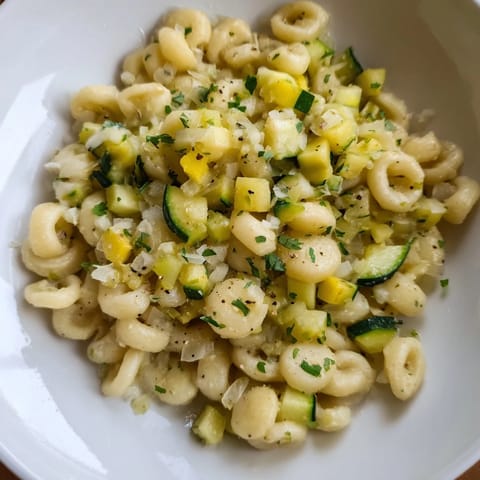 A close-up of One-Pot Creamy Zucchini Ditalini showing creamy pasta and tender zucchini pieces.